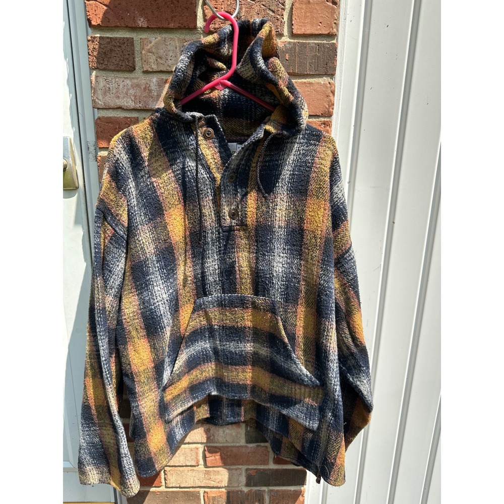 Earth Ragz Baja Hoodie Mens XL Plaid Woven Pullover Orange Navy Blue Mexico